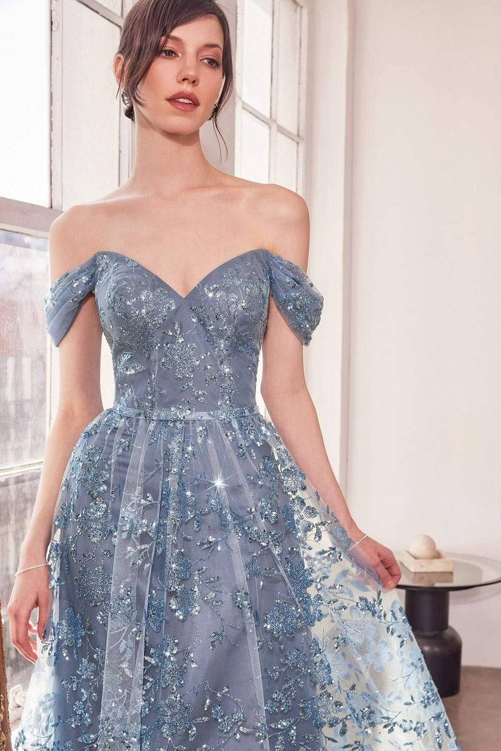 Smokey blue glitter off-shoulder A-line prom gown with sweetheart neckline