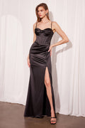 Black satin corset prom gown with draped neckline and front slit