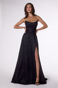 Black strapless glitter A-line gown with sweetheart bodice and front slit