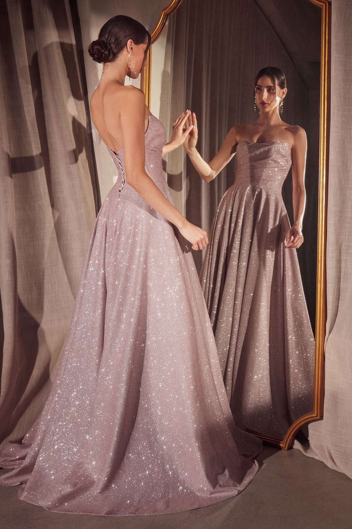 Strapless glitter A-line gown with low back and front slit