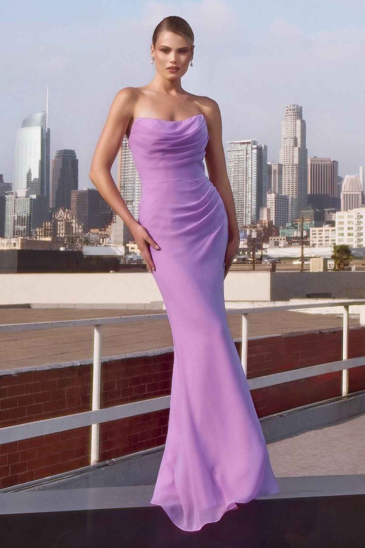 Lavender strapless fitted chiffon dress with ruched drape and long mermaid silhouette