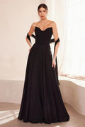 Black strapless A-line bridesmaid dress with structured bodice and full pleated skirt