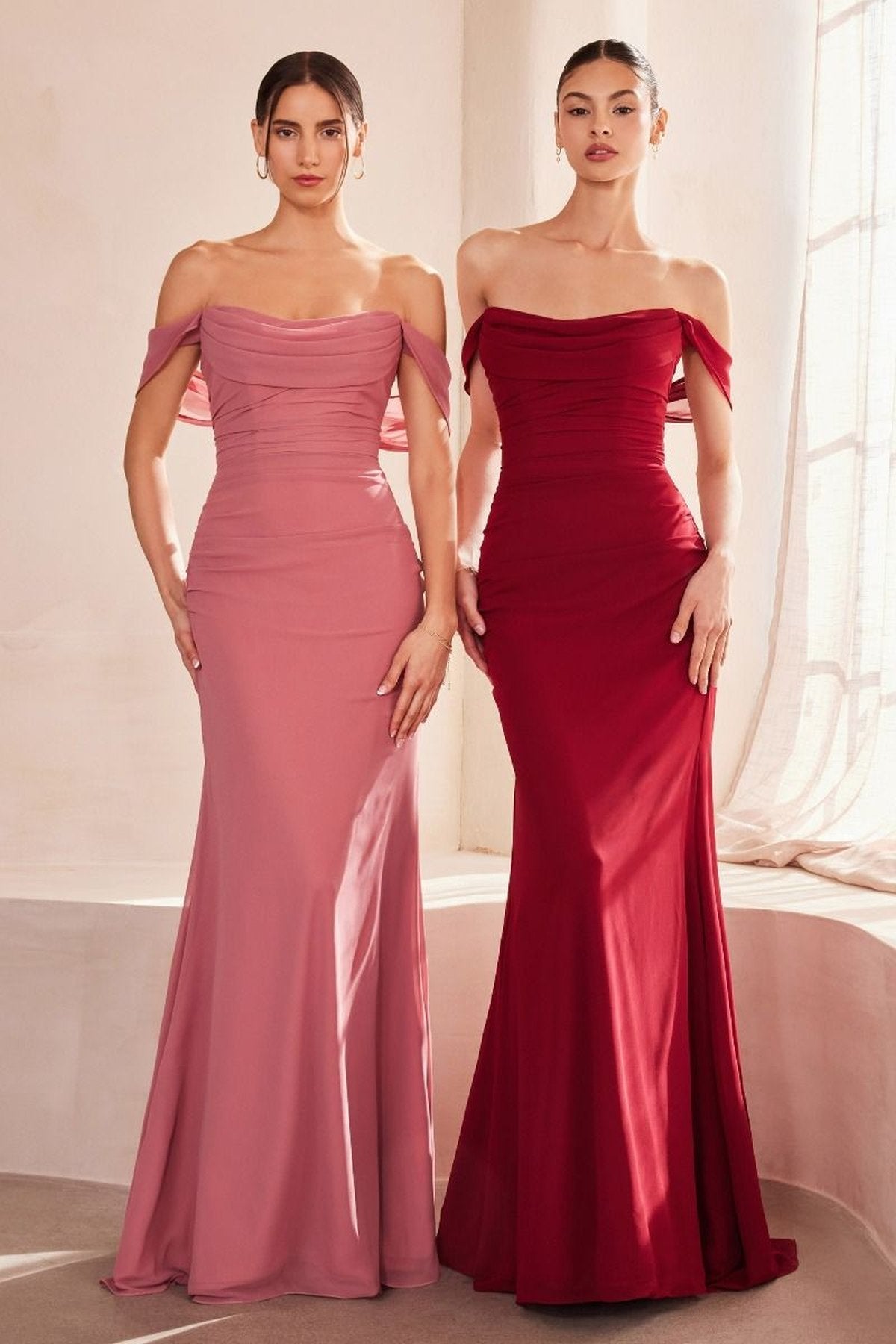 Pink and burgundy off-shoulder fitted bridesmaid gowns with ruched bodices and mermaid skirts