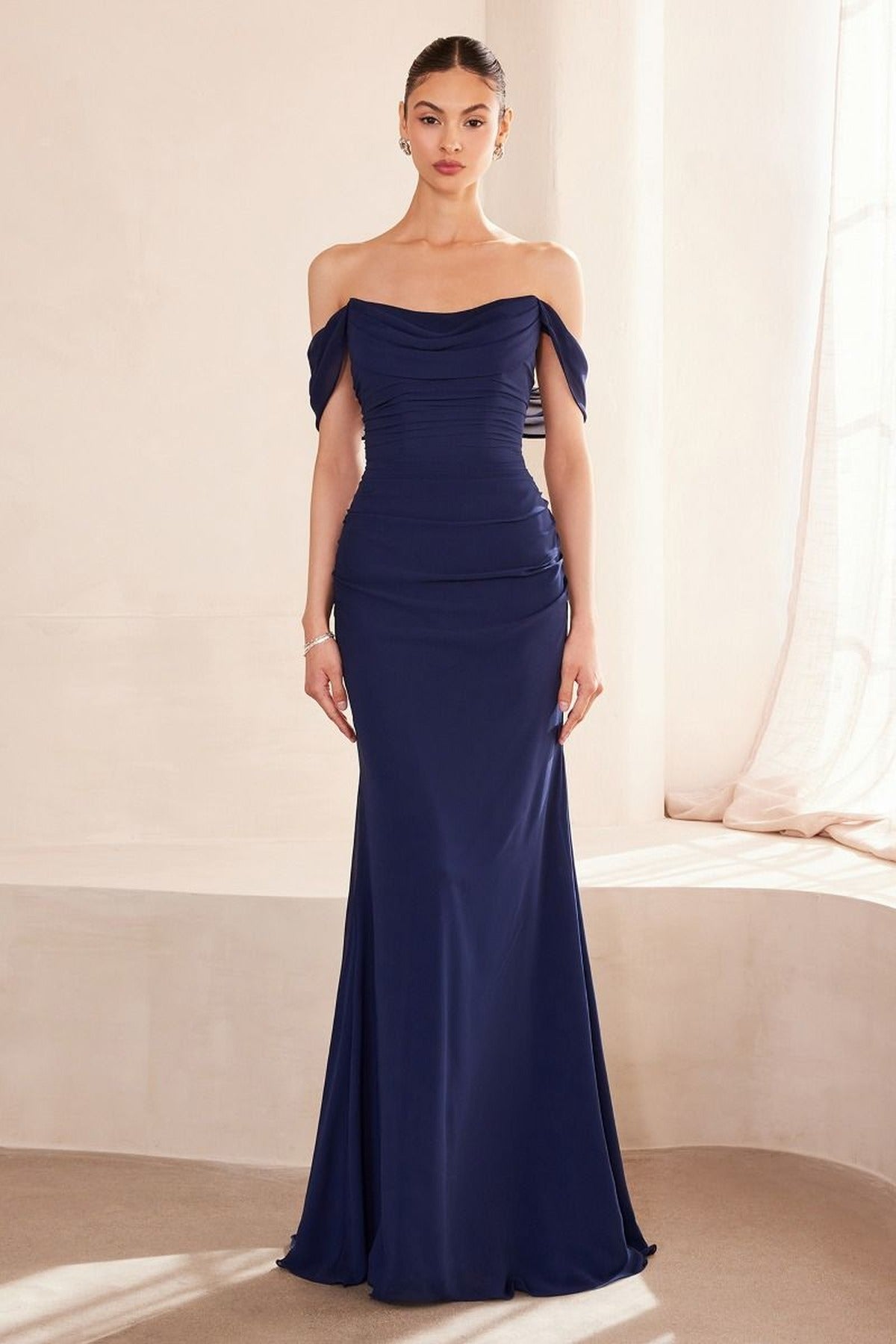 Navy off-shoulder fitted bridesmaid gown with ruched bodice and fitted mermaid skirt