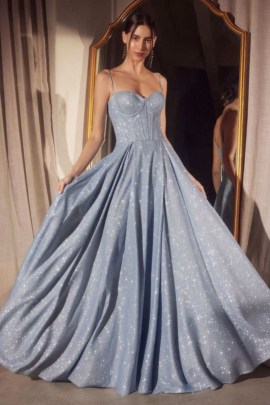 Light blue glitter corset-style gown with sweetheart bodice and voluminous full skirt