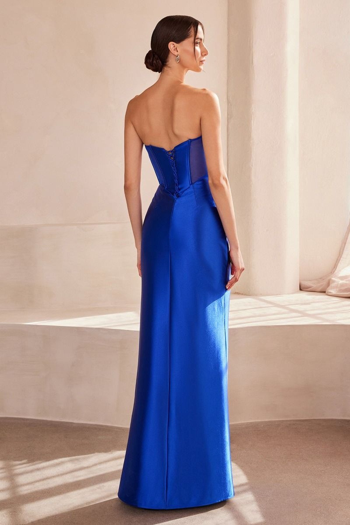 Royal blue strapless satin prom gown with sweetheart neckline and front slit