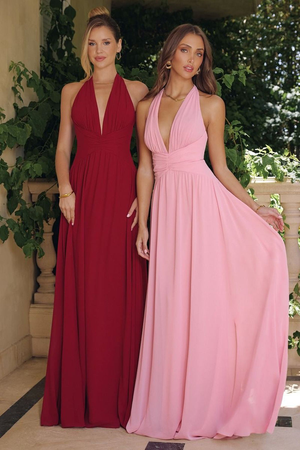Burgundy and soft pink halter neck chiffon A-line gowns, side-by-side