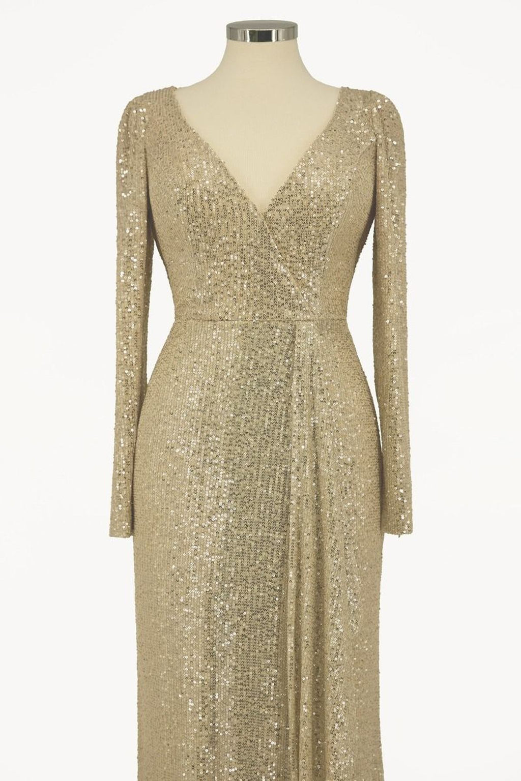 Silver sequin sheath evening gown with long sleeves, V-neck, waist seam detail