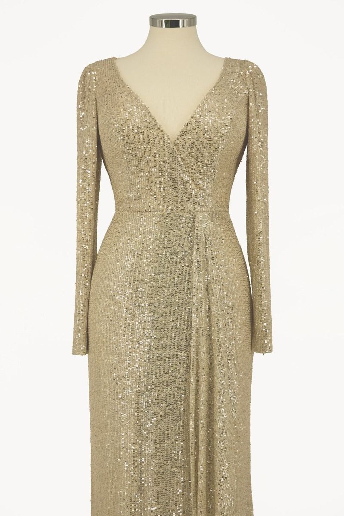 Silver sequin sheath evening gown with long sleeves, V-neck, waist seam detail
