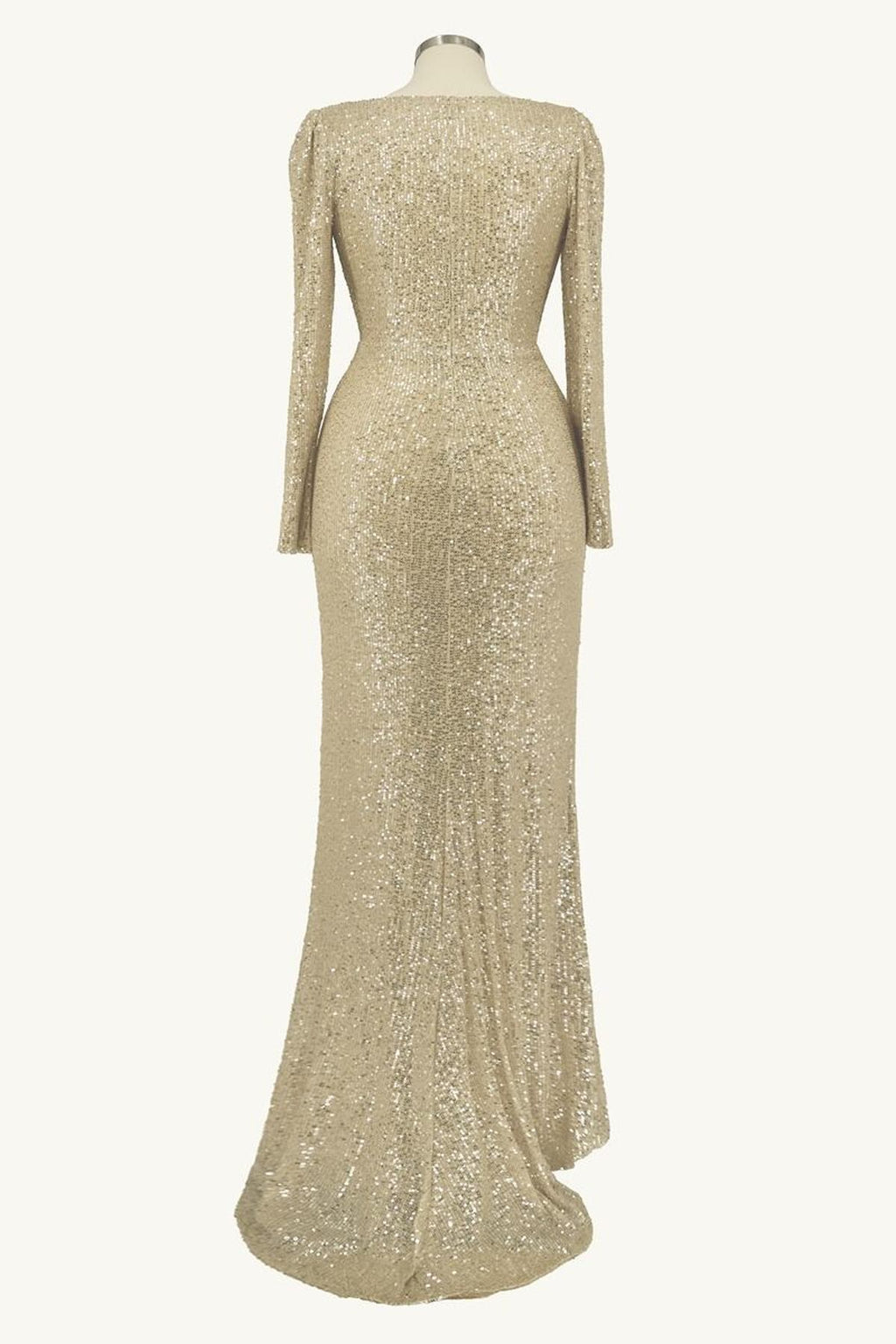 Silver sequin sheath evening gown, back view, long sleeves, V-back and slim floor-length skirt