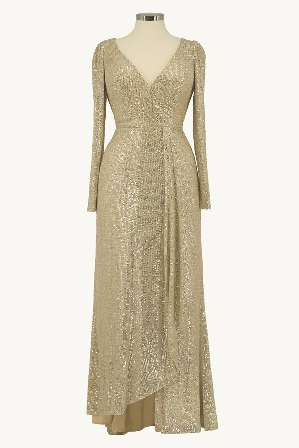 Silver sequin sheath evening gown with long sleeves, V-neck, fitted full-length skirt