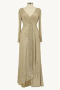 Silver sequin sheath evening gown with long sleeves, V-neck, fitted full-length skirt