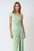 Mint one-shoulder knee-length chiffon dress with draped bodice and ruched skirt slit