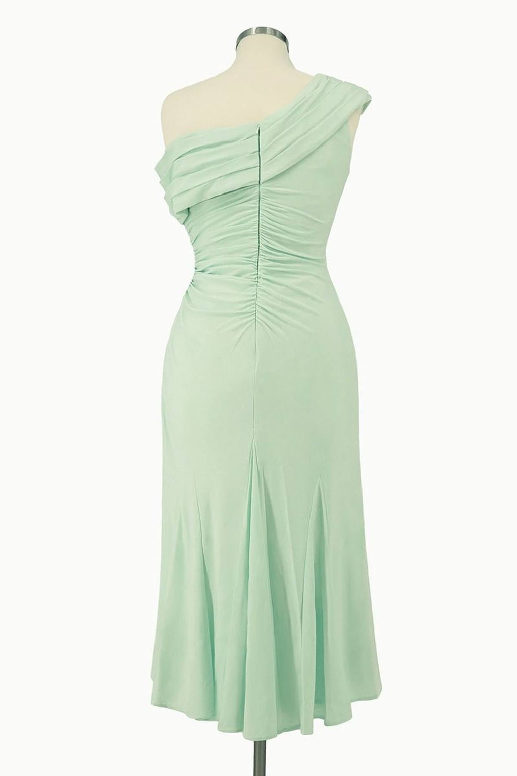 Mint one-shoulder knee-length chiffon dress with ruched center back and draped skirt