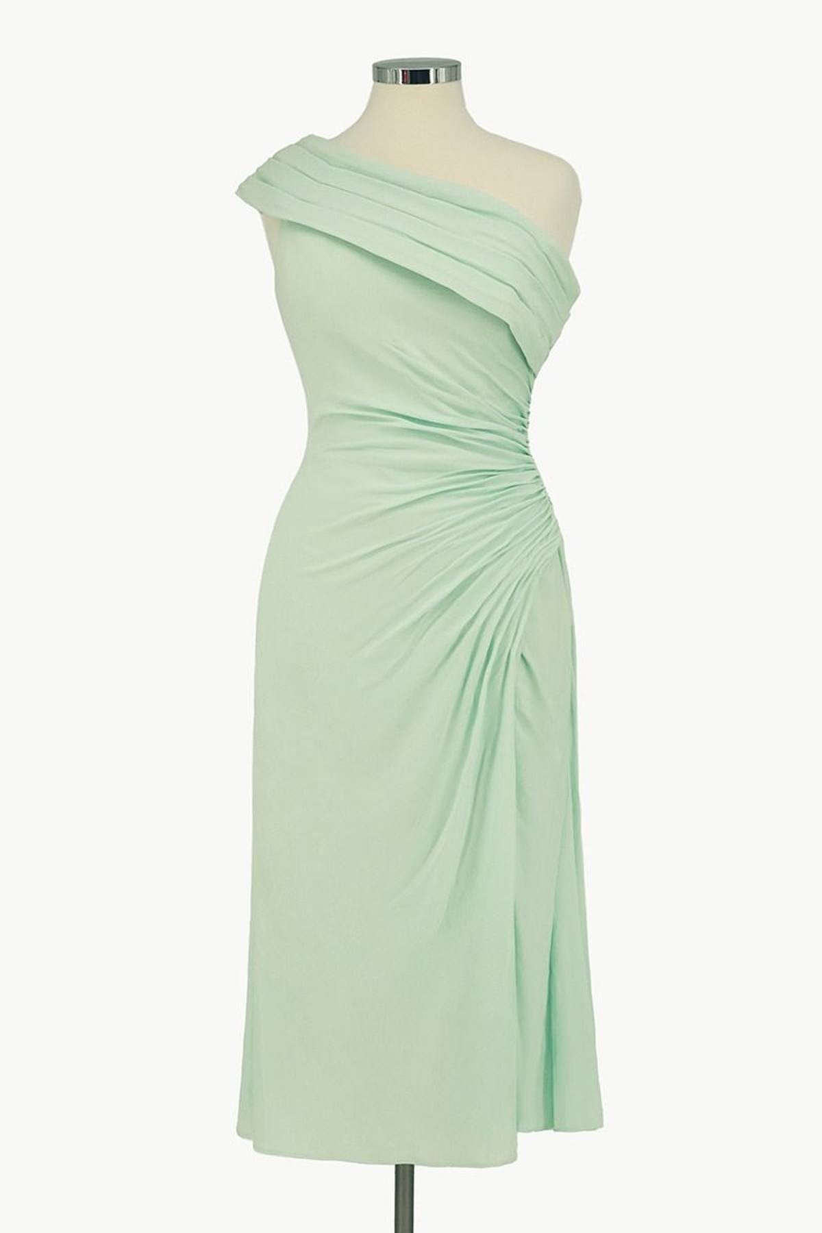 Mint one-shoulder knee-length chiffon dress with diagonal drape and gathered waist