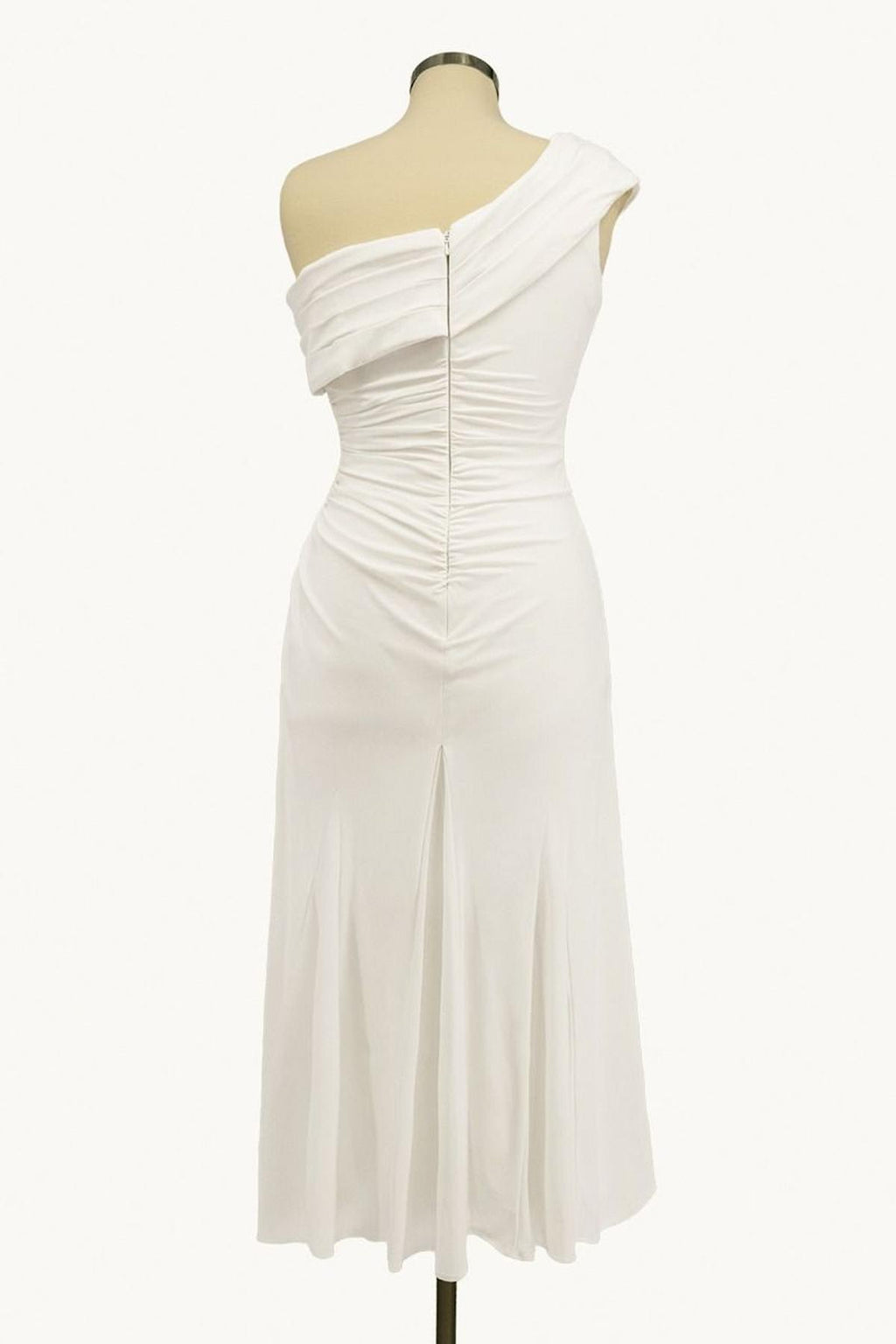 White one-shoulder knee-length chiffon dress with ruched bodice and pleated skirt