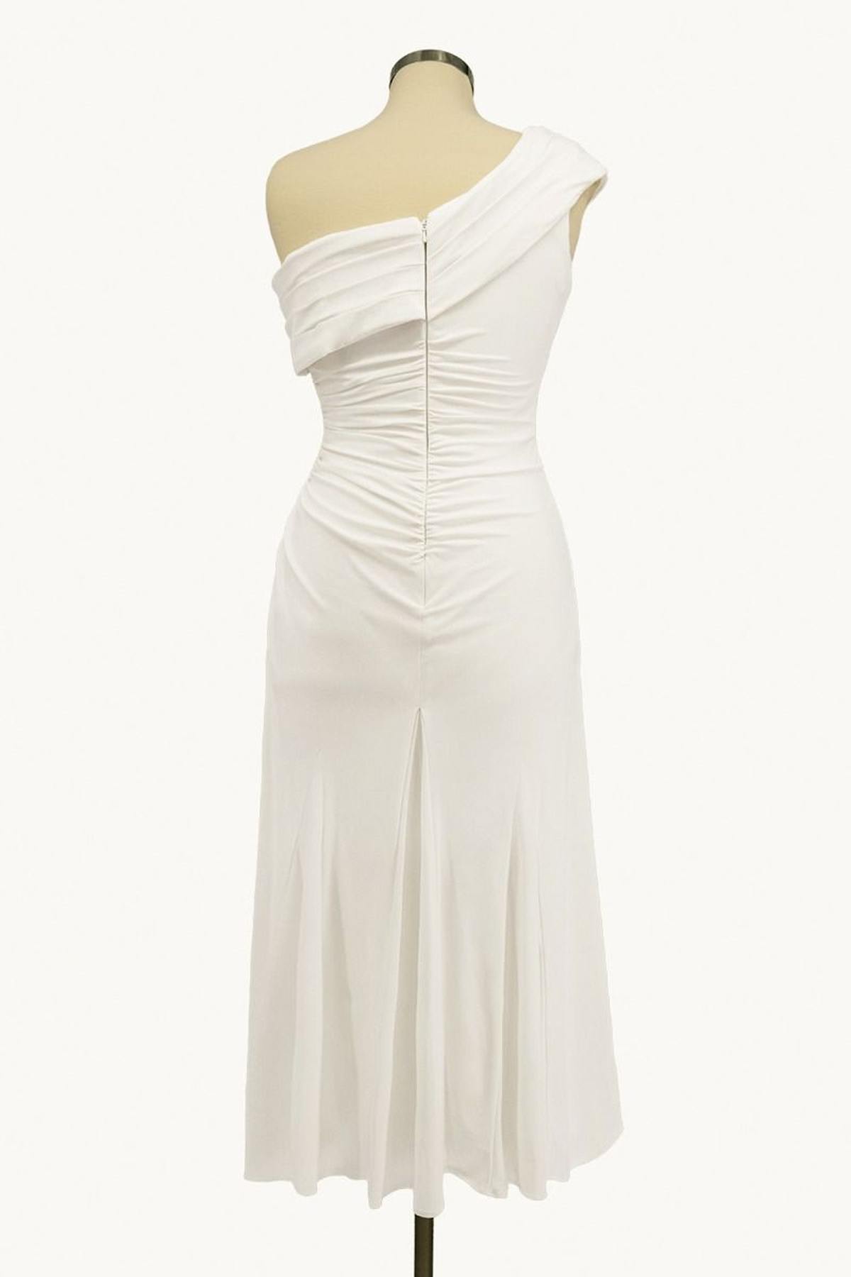 White one-shoulder knee-length chiffon dress with ruched bodice and pleated skirt