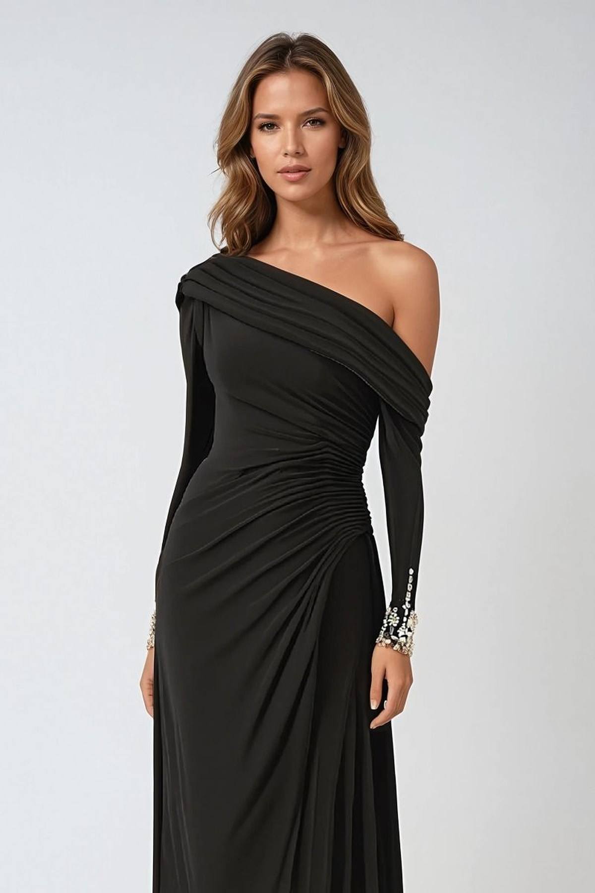 Black off-shoulder long-sleeve knee-length dress with draped side detail