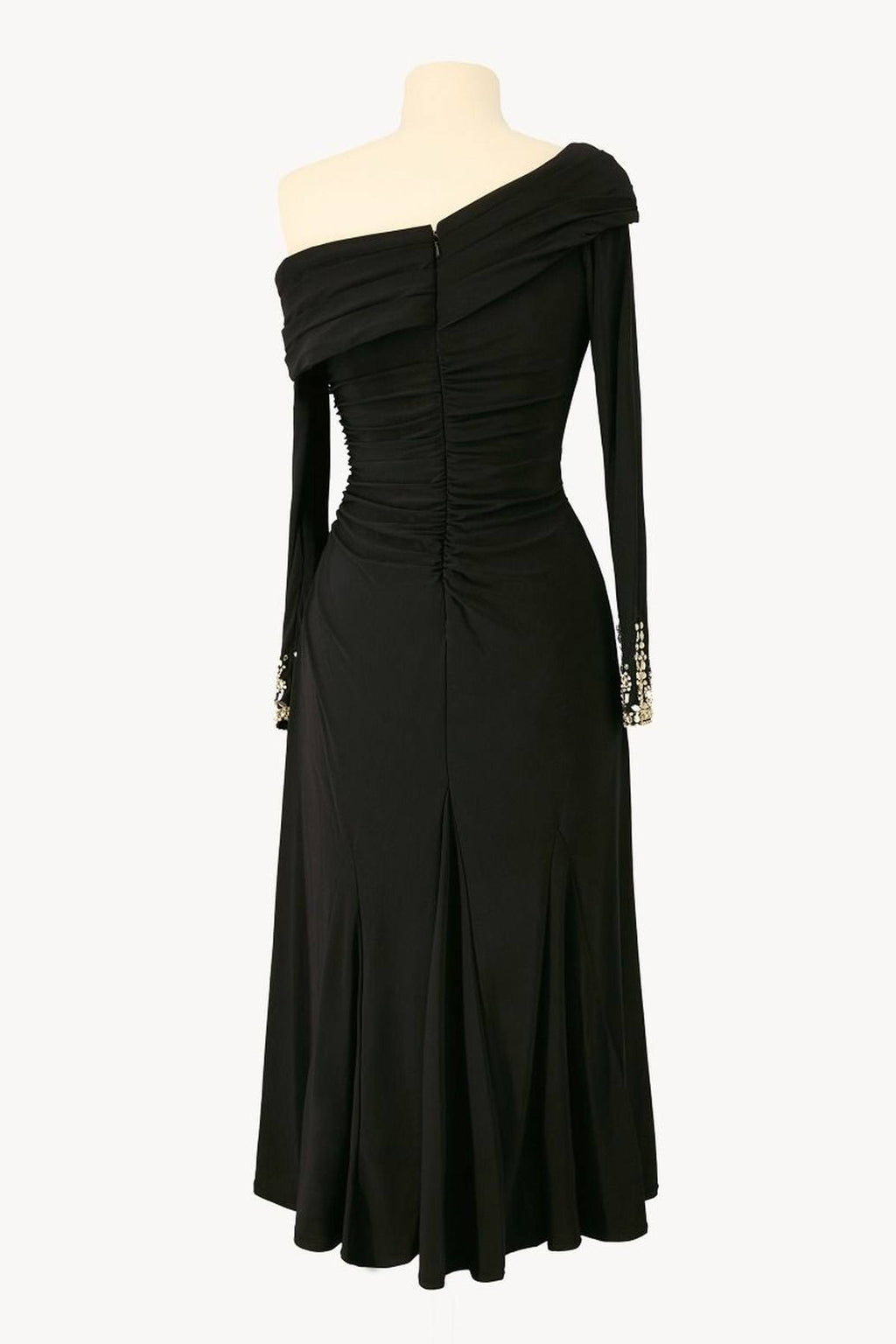 Black off-shoulder long-sleeve dress with gathered bodice and flared skirt