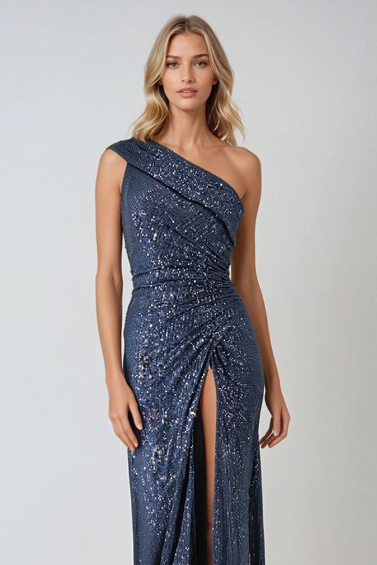 Midnight blue one-shoulder sequin evening dress with leg slit