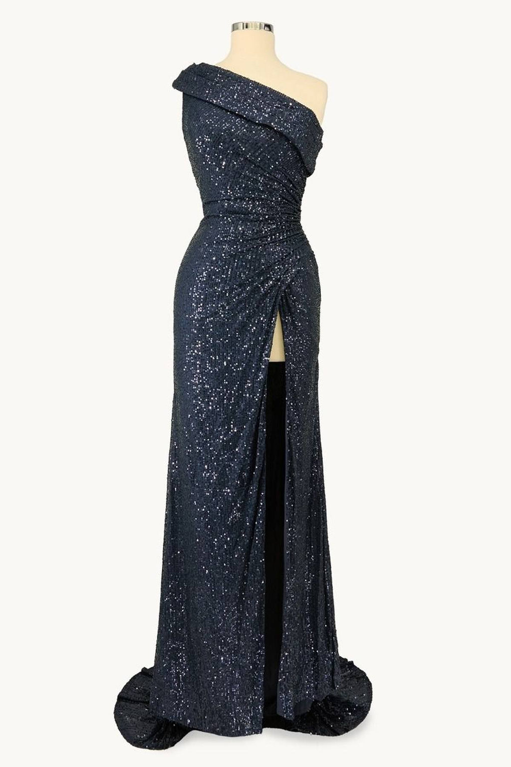 Midnight blue one-shoulder sequin dress with draped waist and leg slit
