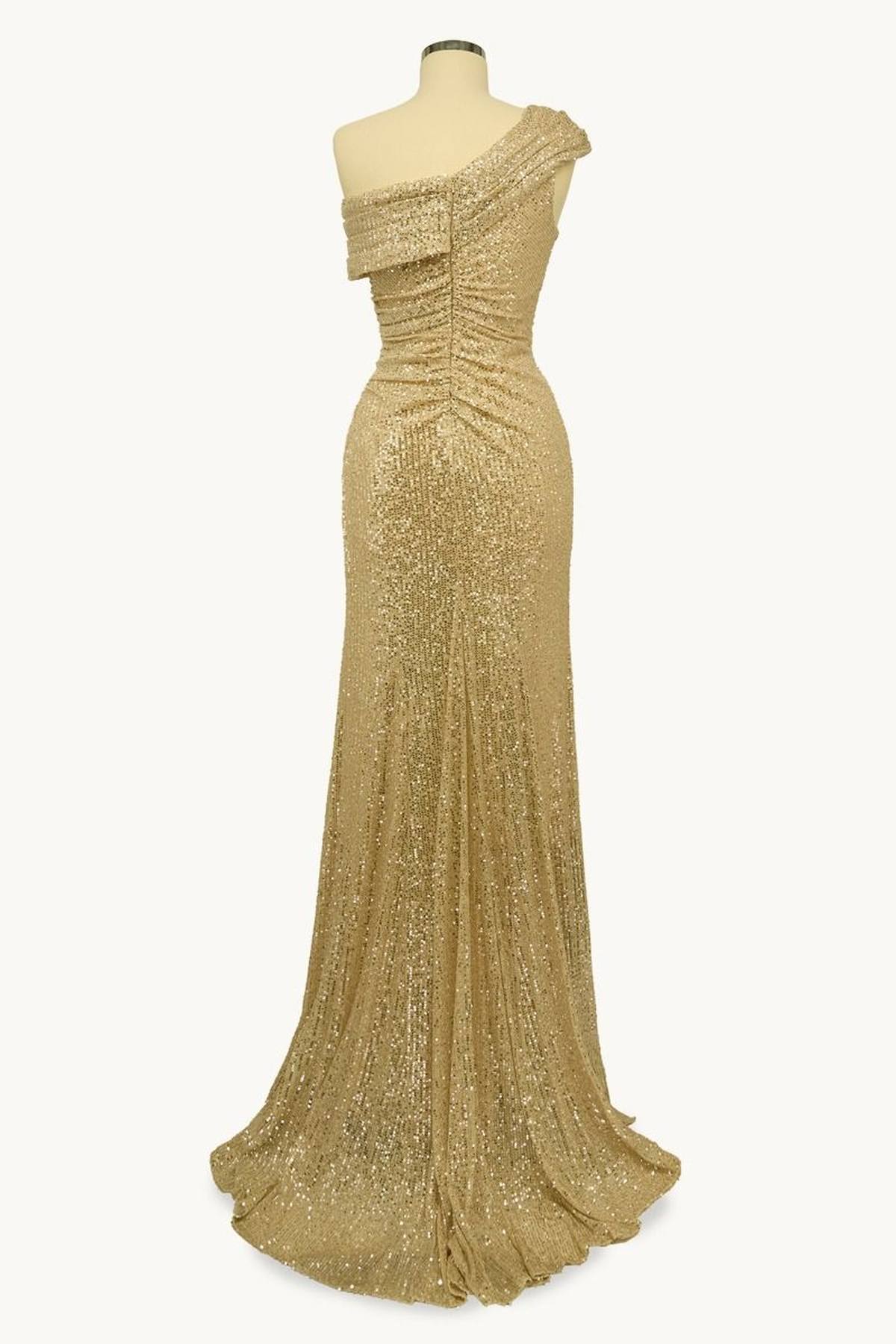 Champagne gold one-shoulder sequin evening dress with side slit