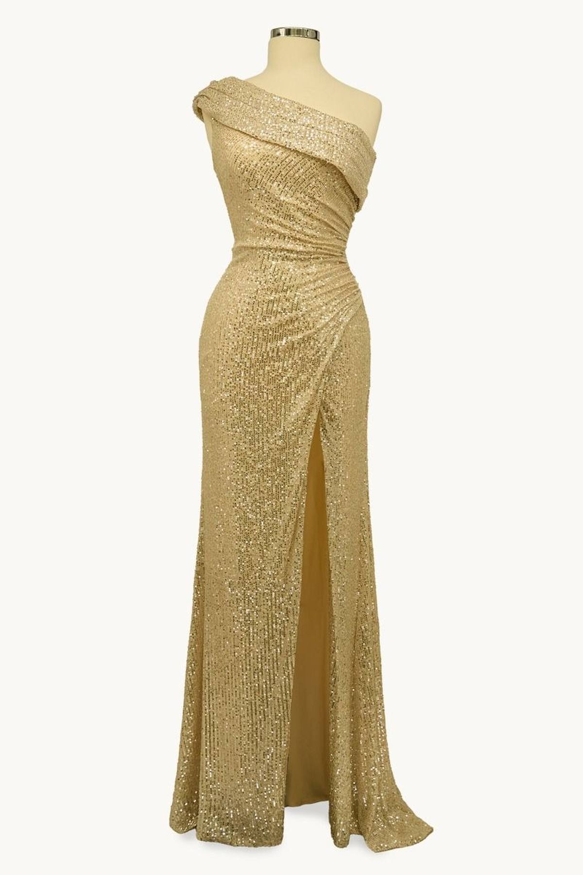 Gold one-shoulder sequin maxi dress with side leg slit