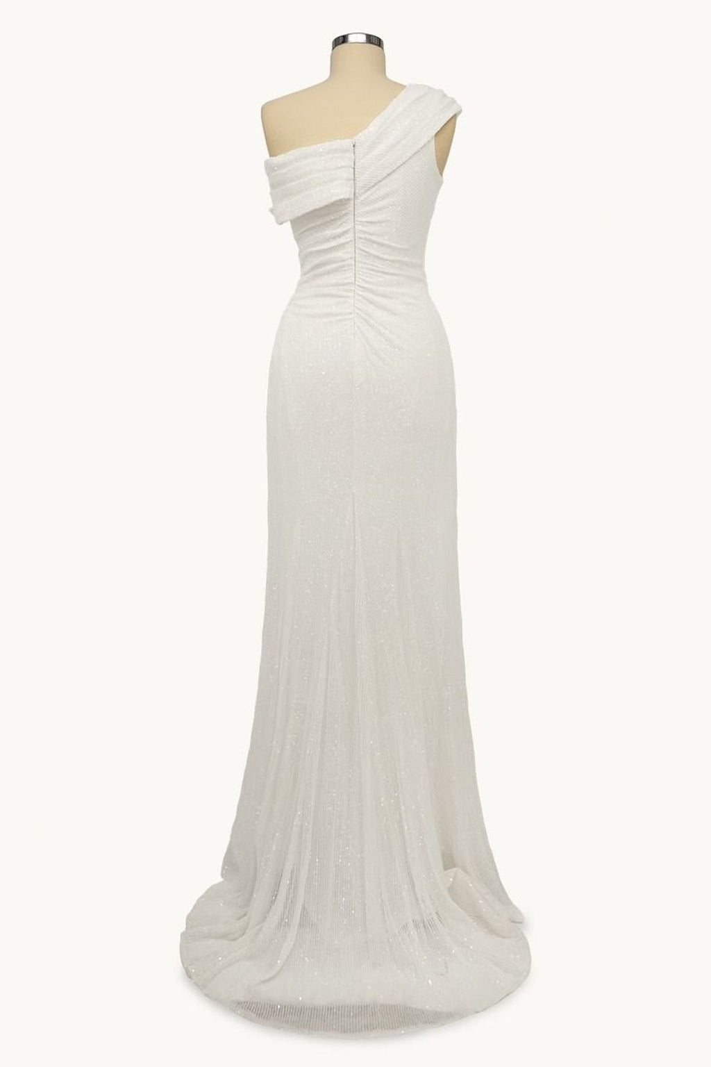 White one-shoulder draped evening gown with leg slit at side
