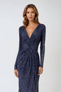 Midnight sequin knee-length dress with V-neck and long sleeves, ruched waist