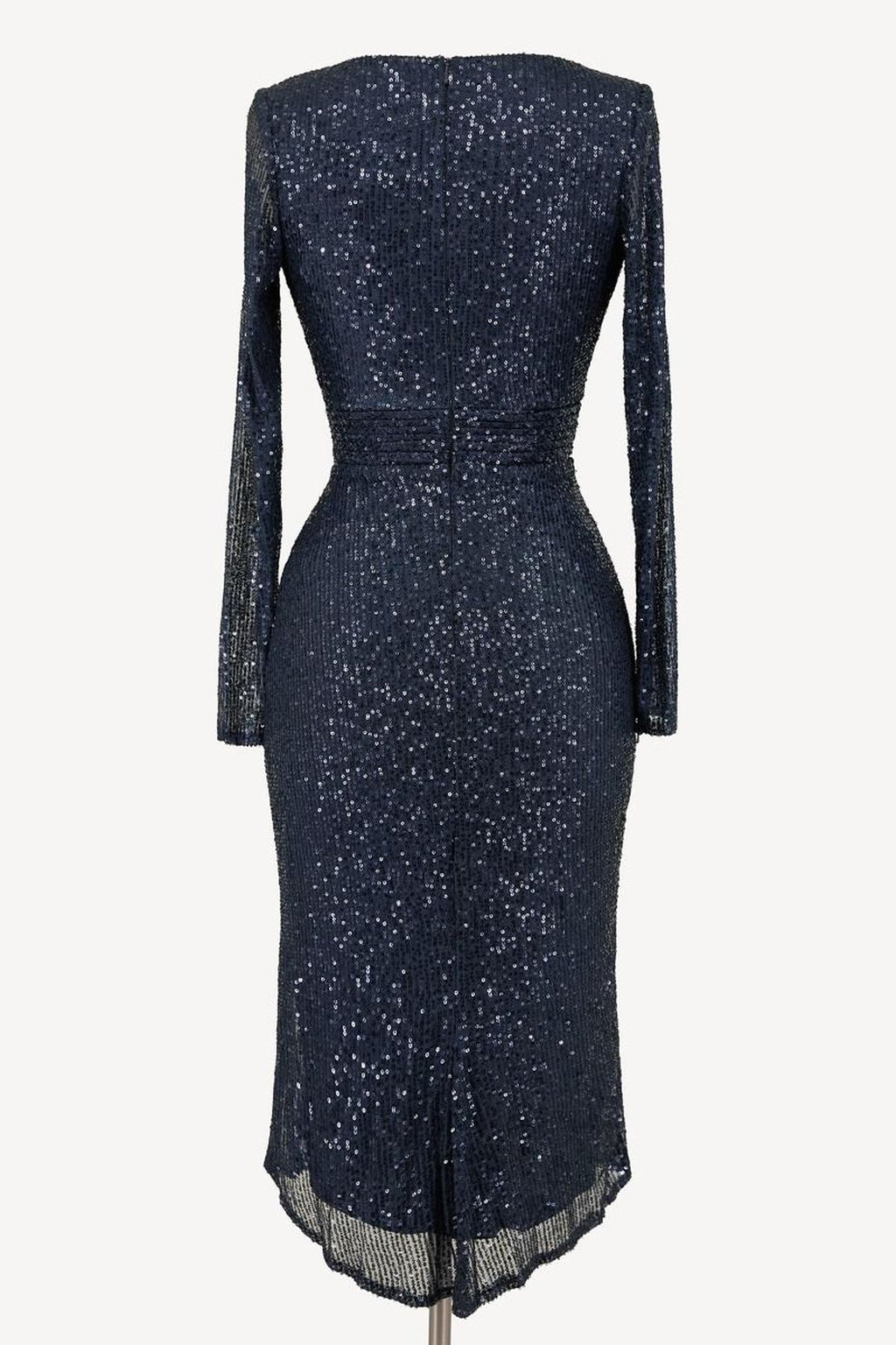 Midnight sequin knee-length dress with long sleeves and fitted back