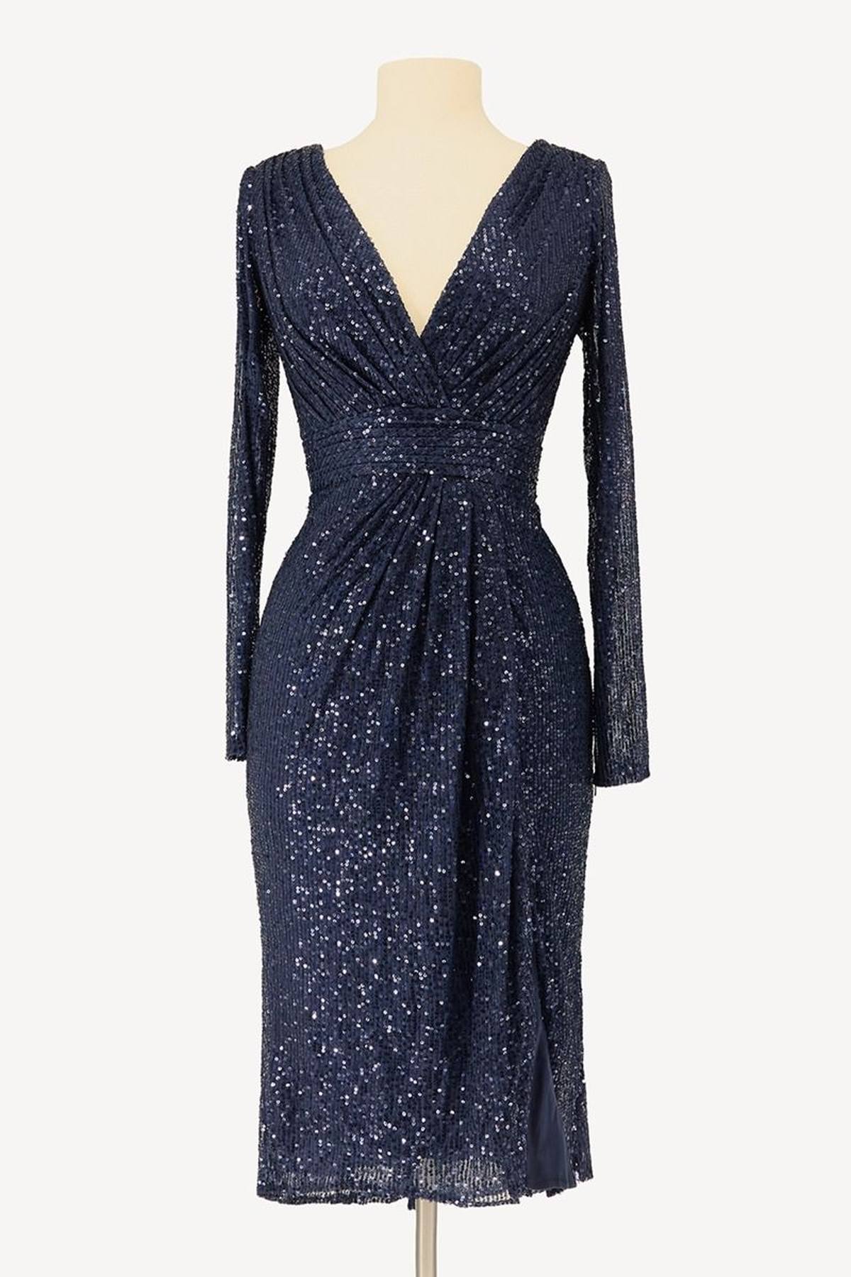 Midnight sequin knee-length dress with V-neck, long sleeves, fitted waist