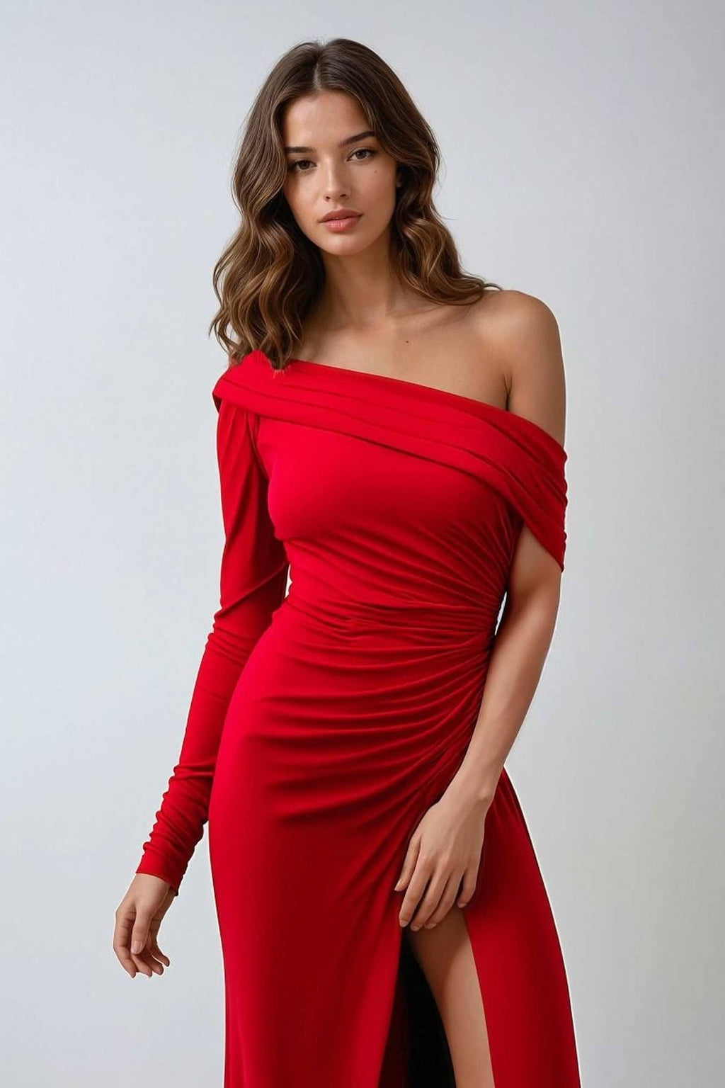 Red one-shoulder fitted gown with off-shoulder drape and side slit