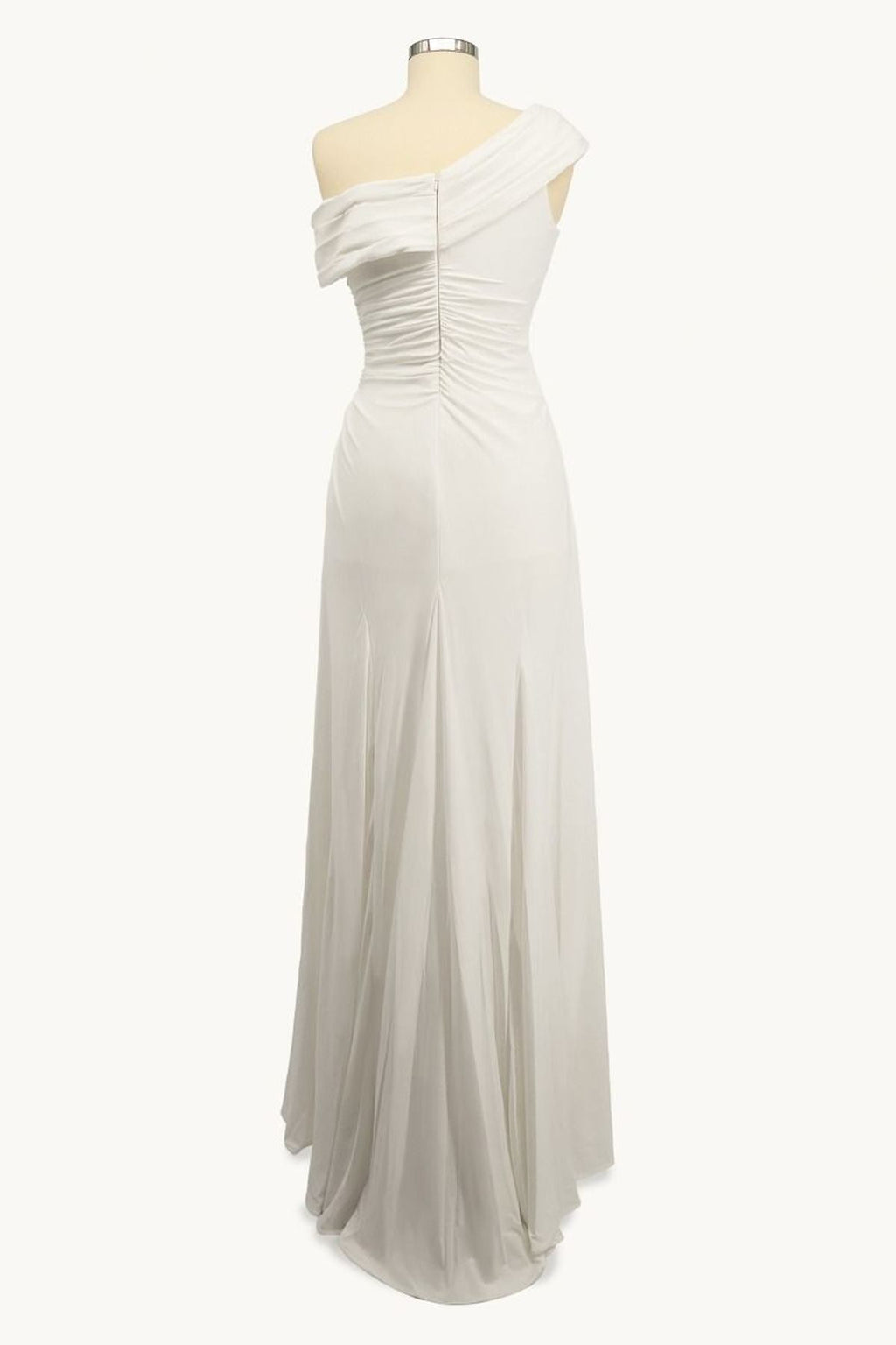 White off-shoulder one-shoulder fitted gown with ruched bodice and side slit