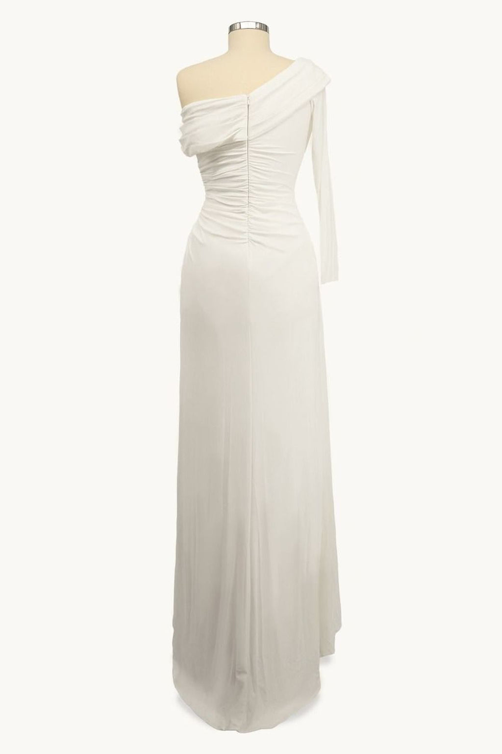 White one-shoulder fitted gown with ruched bodice and long flowing skirt
