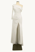 White one-shoulder fitted gown with draped neckline and side slit