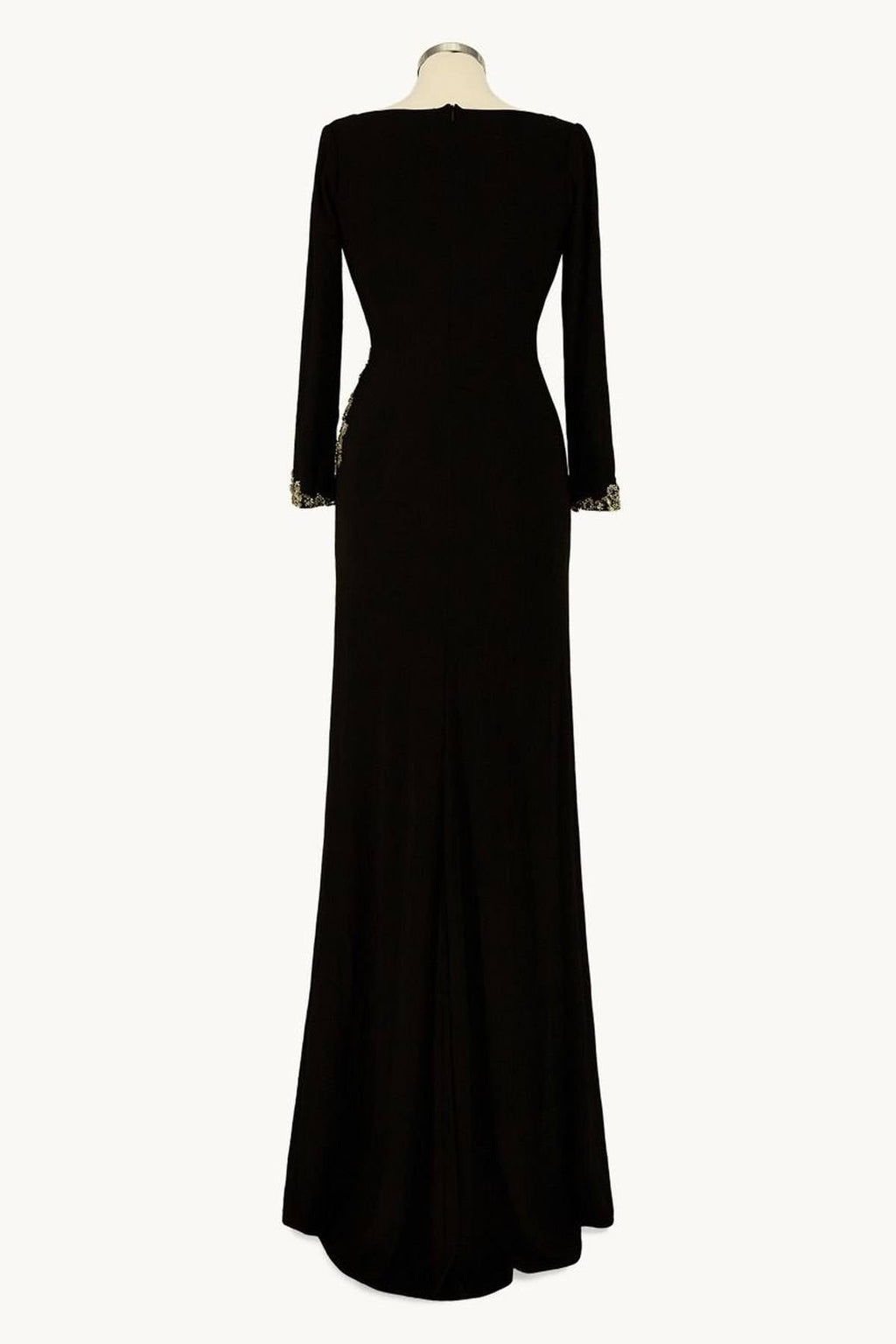 Black long-sleeve gown, back view with fitted waist and slit hem