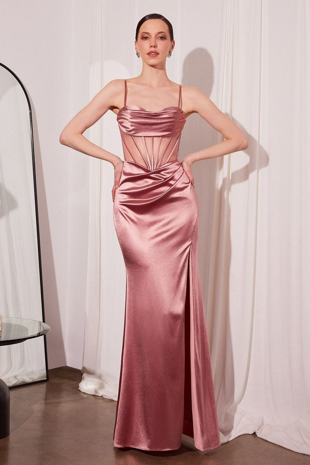 Rose satin prom dress with cowl neckline, fitted floor-length skirt, thin straps