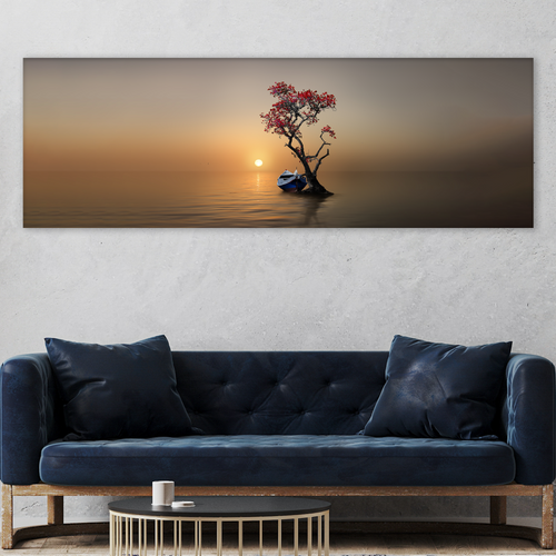 Landscape canvas wall art featuring a lone tree with red blossoms on calm water