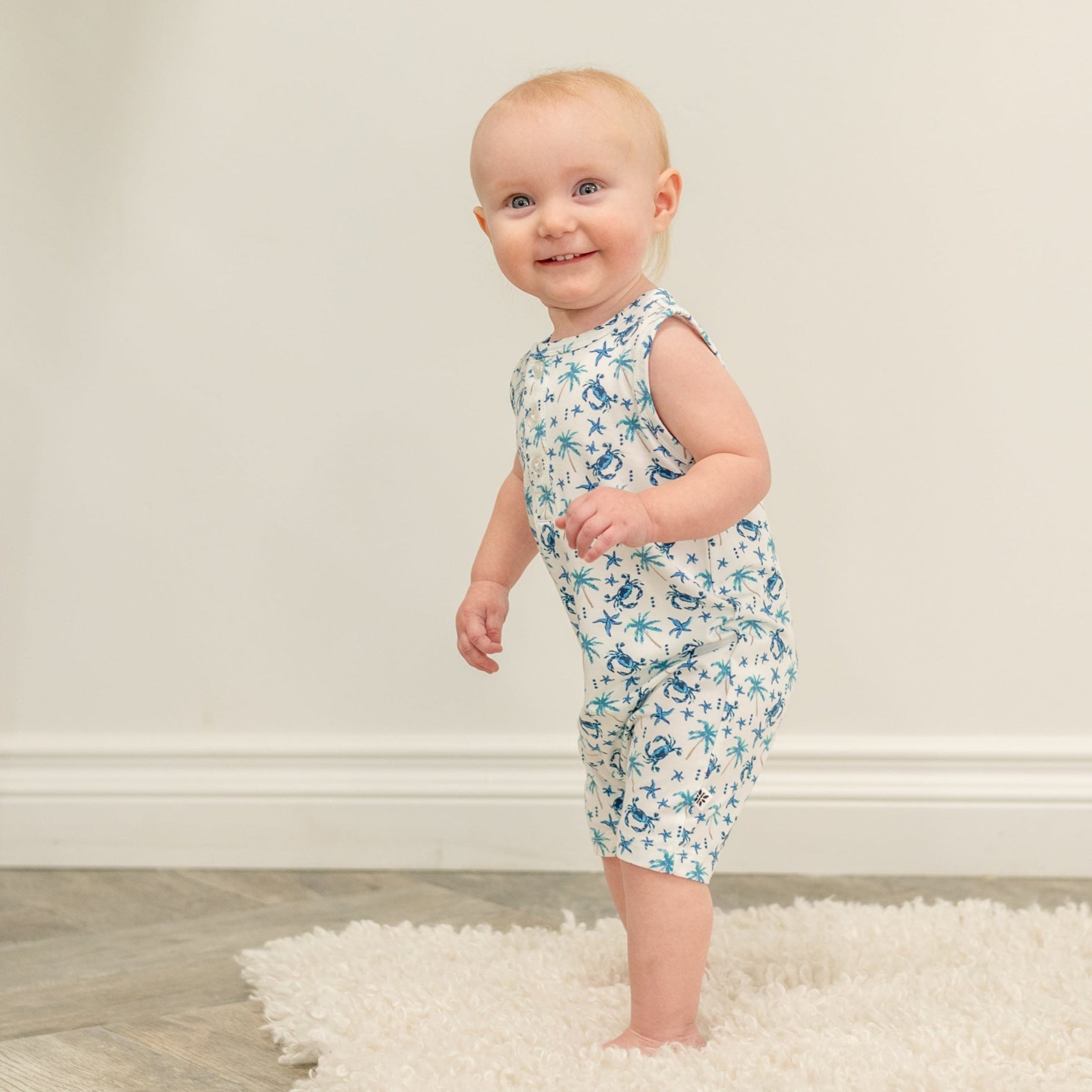 White blue crab and palm print tank romper, sleeveless baby one-piece