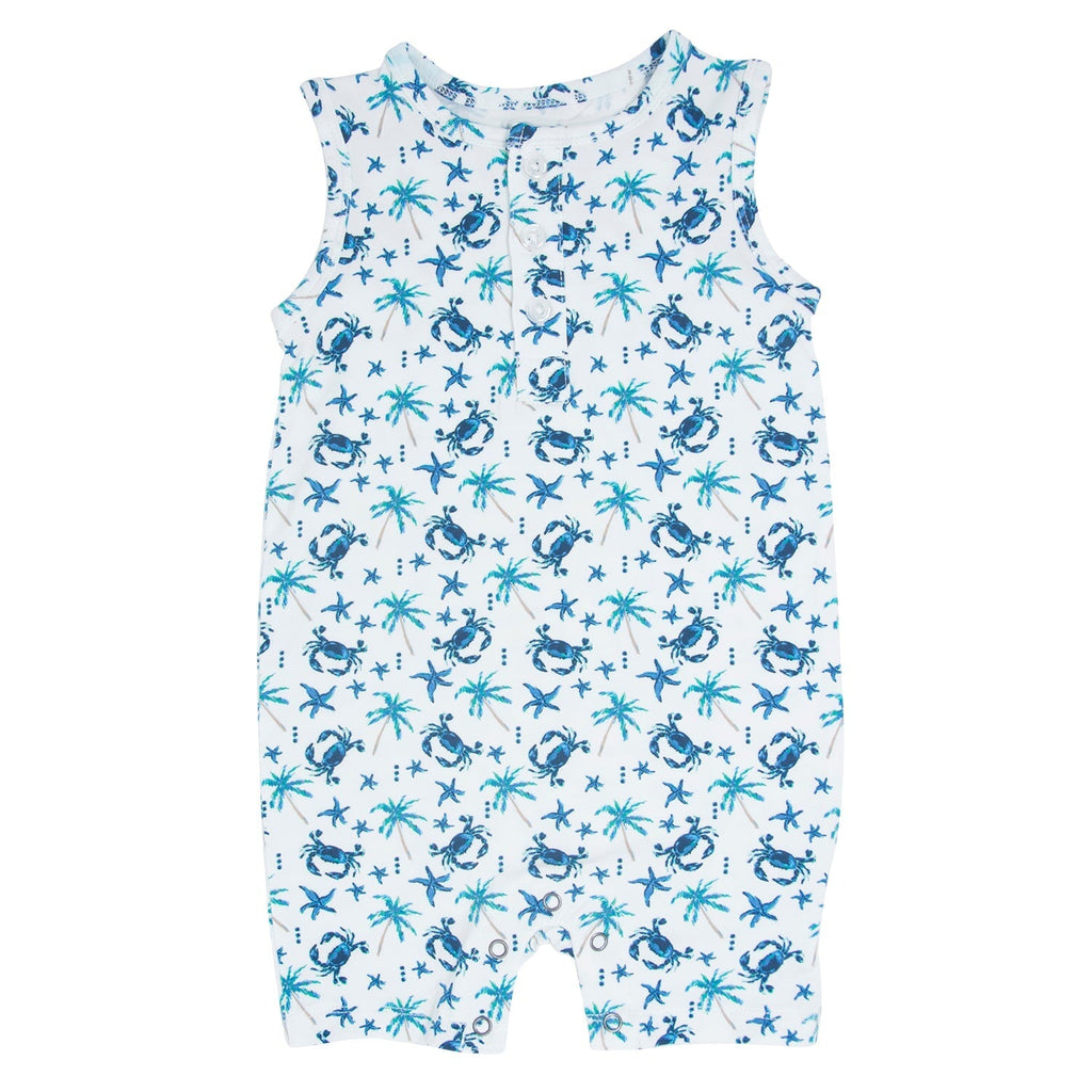 White blue crab and palm print tank romper, front button placket detail