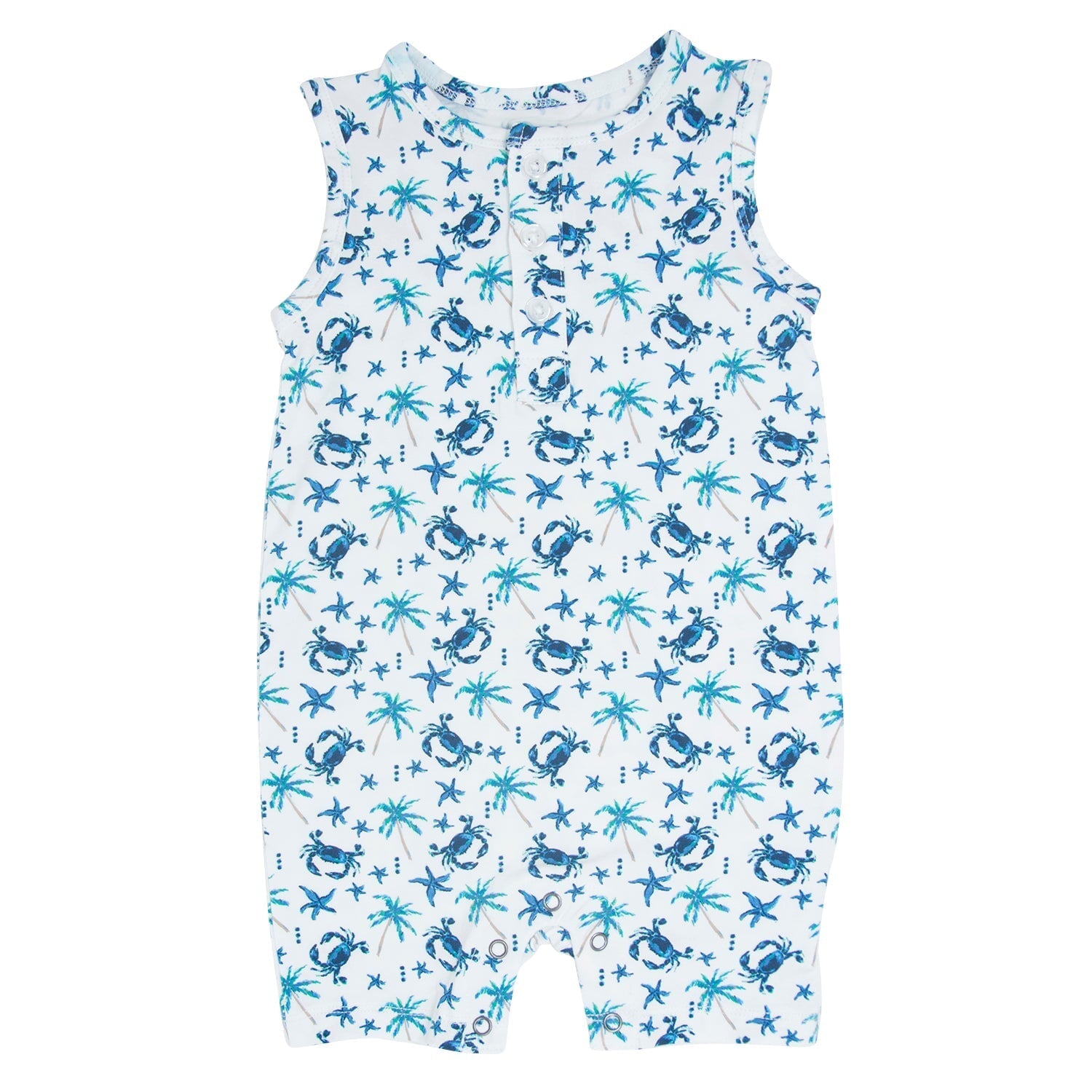 White blue crab and palm print tank romper, front button placket detail