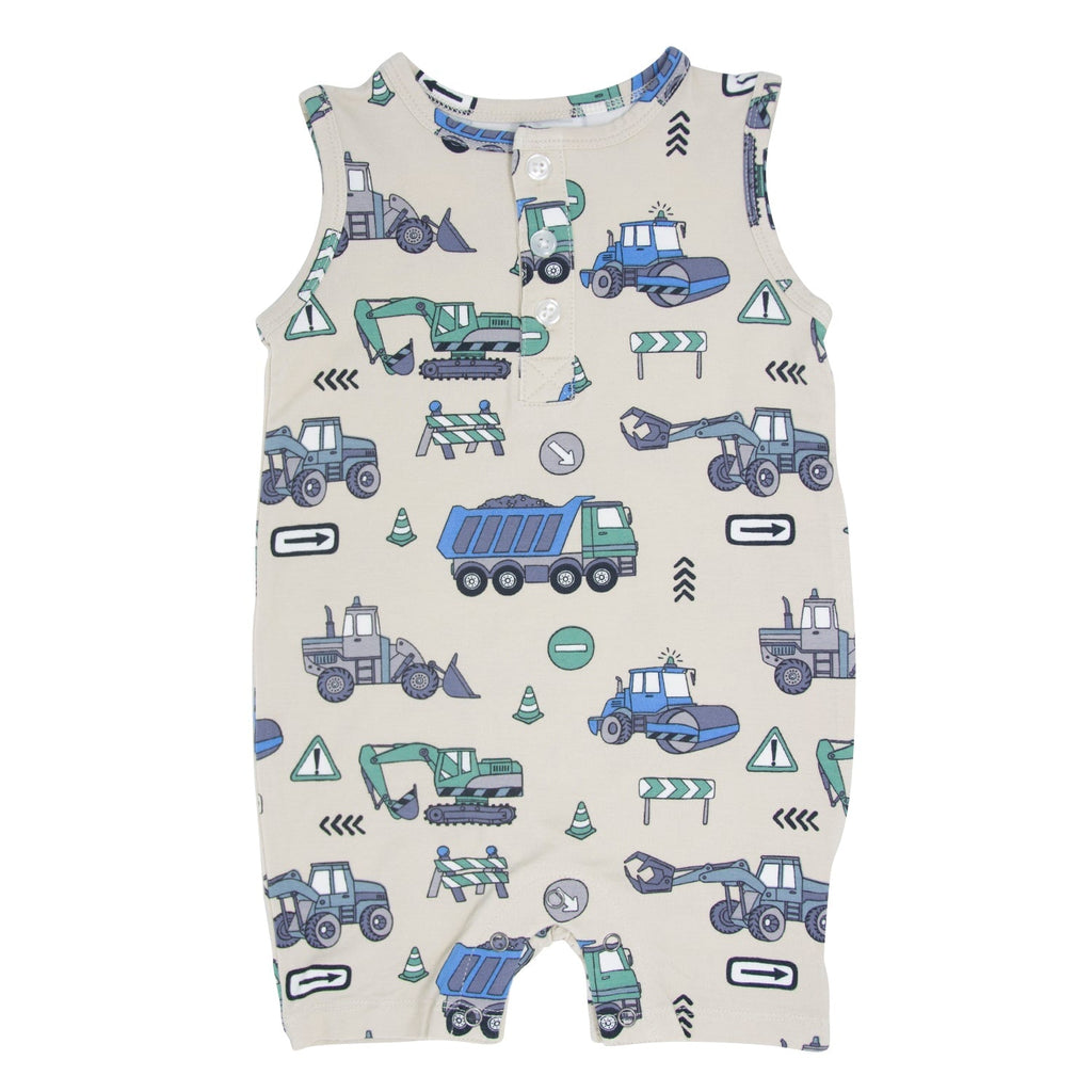 Boys construction tank romper, sleeveless with blue and green vehicle print on light fabric