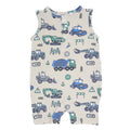 Boys construction tank romper, sleeveless with blue and green vehicle print on light fabric