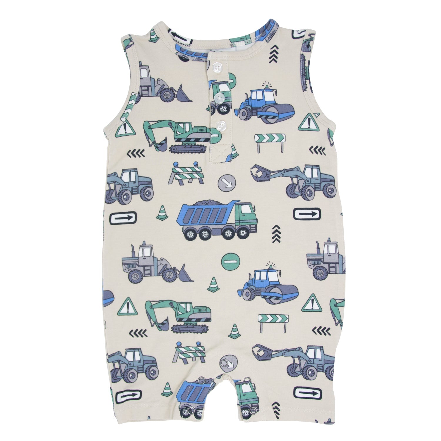 Boys construction tank romper, sleeveless with blue and green vehicle print on light fabric