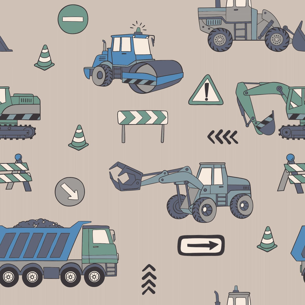 Construction tank romper fabric, close-up of blue and green vehicles and road signs