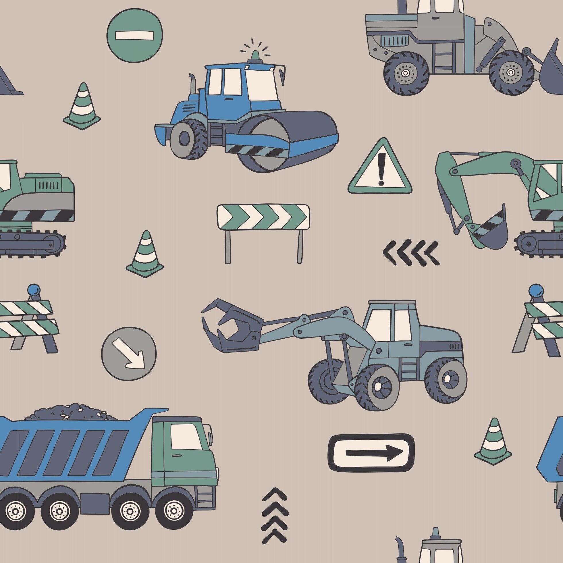 Construction tank romper fabric, close-up of blue and green vehicles and road signs