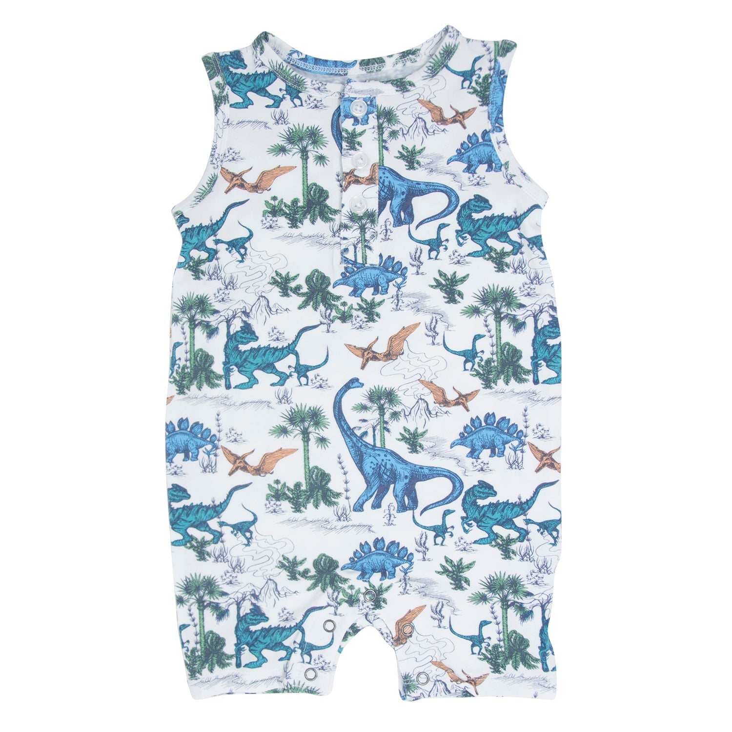 Kids tank romper with dinosaur and jungle print, sleeveless, white with blue and green.