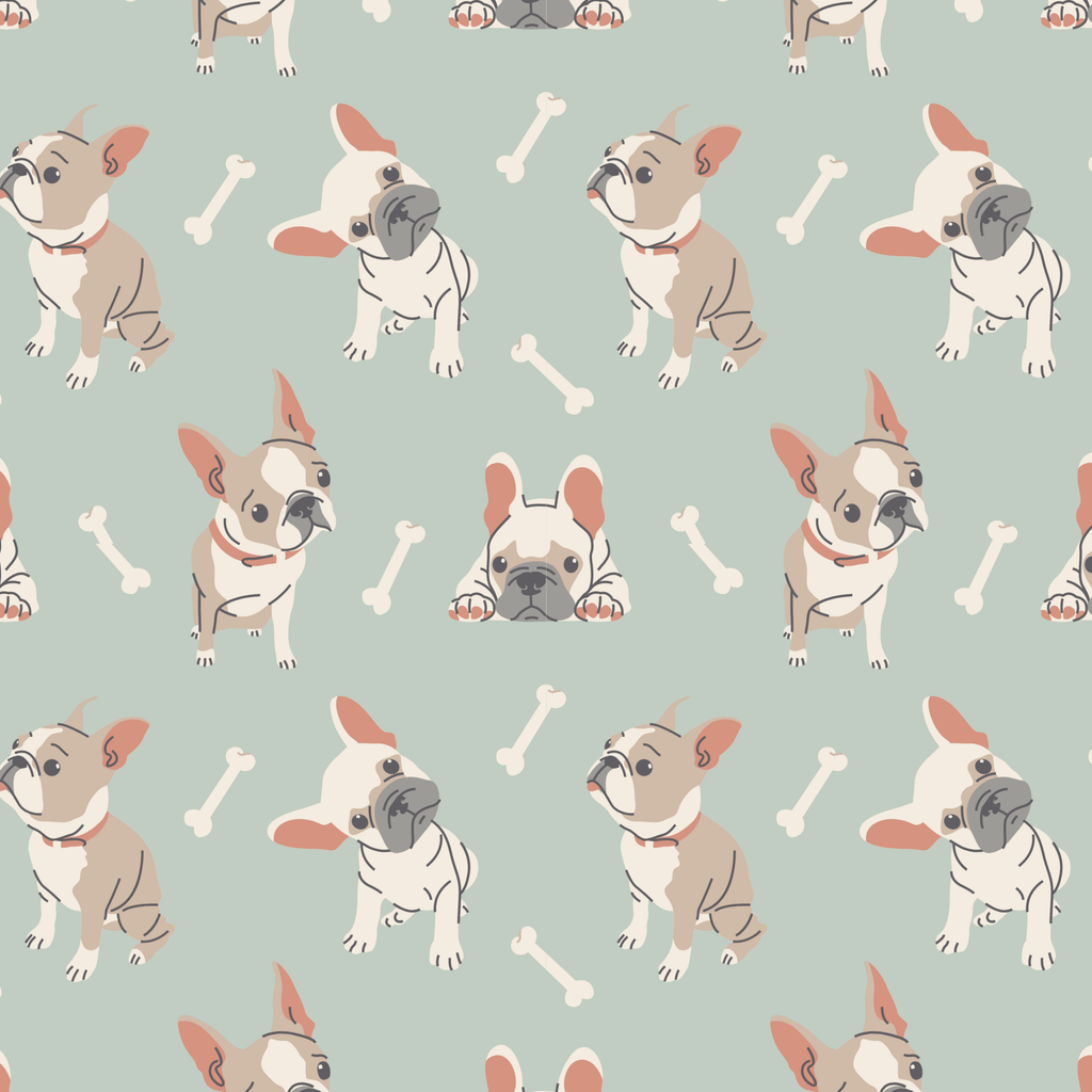 Mint fabric swatch with repeating Frenchie and bone pattern