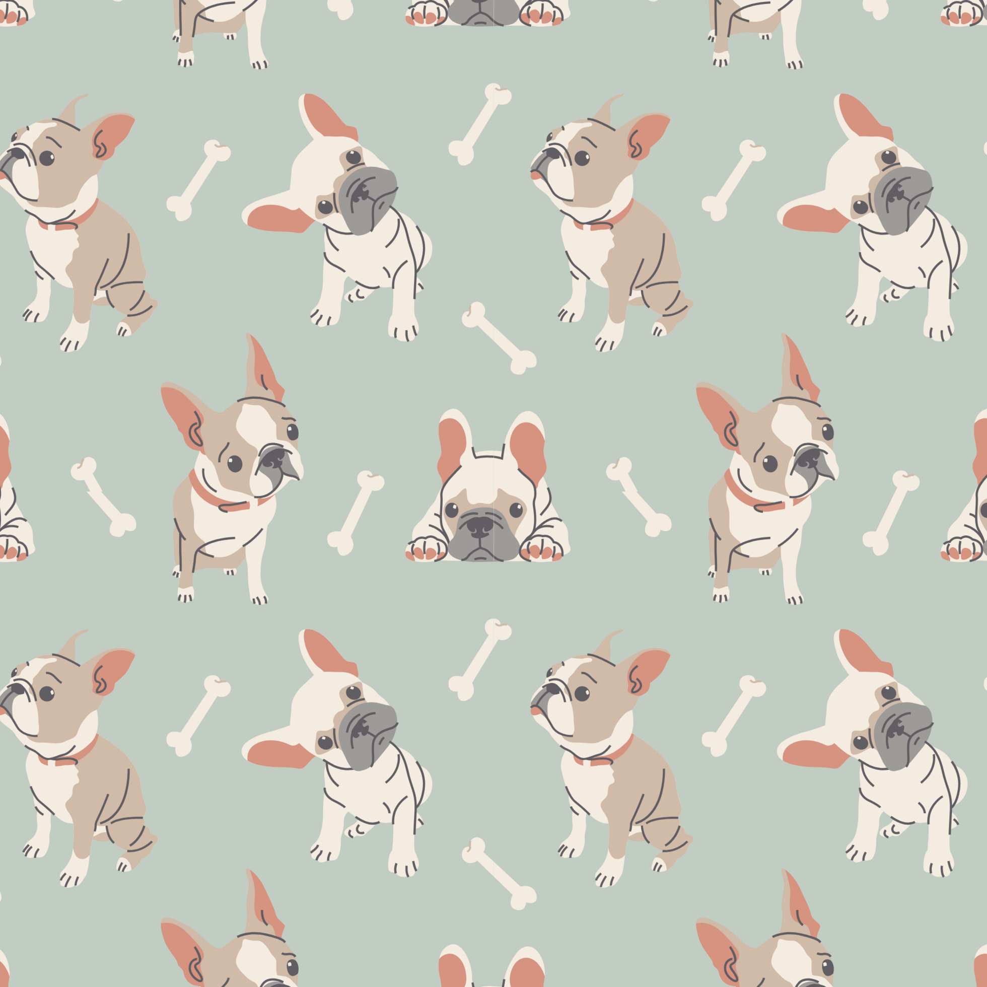 Mint fabric swatch with repeating Frenchie and bone pattern