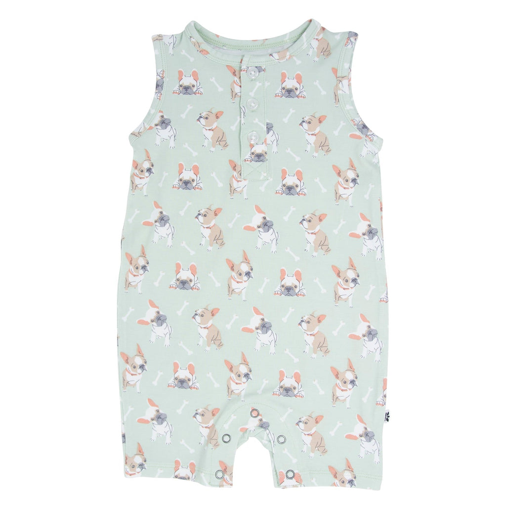Mint dog-print tank romper for puppy, sleeveless jumpsuit with snap crotch